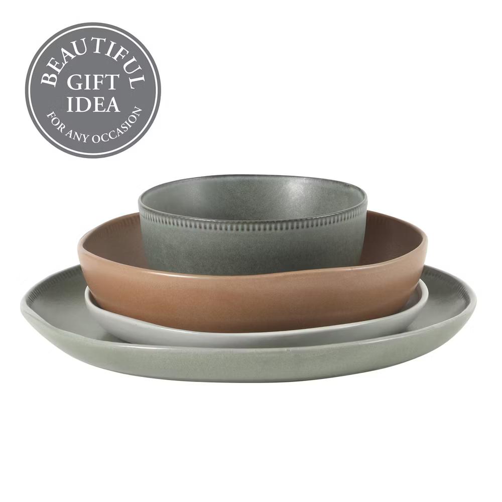 Menlo Park 16-Piece Stoneware Dinnerware Set – Reactive Glaze, Embossed Plates and Bowls, Service for 4 - Image 4