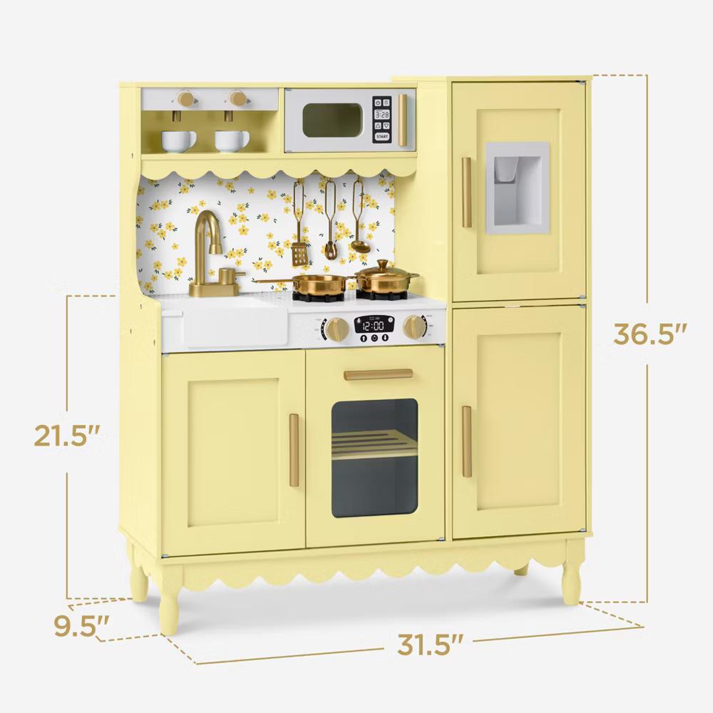 Wooden Cottage Kids Pretend Play Kitchen with 11 Accessories, Espresso Machine - Pink - Image 6