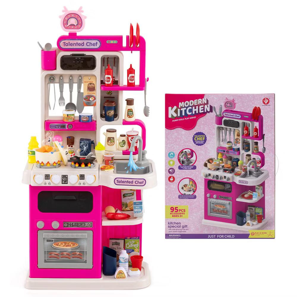 Kids Kitchen Playset with Realistic Sounds Lights Play Sink 95 PCS Accessories Blue/Pink - Image 20