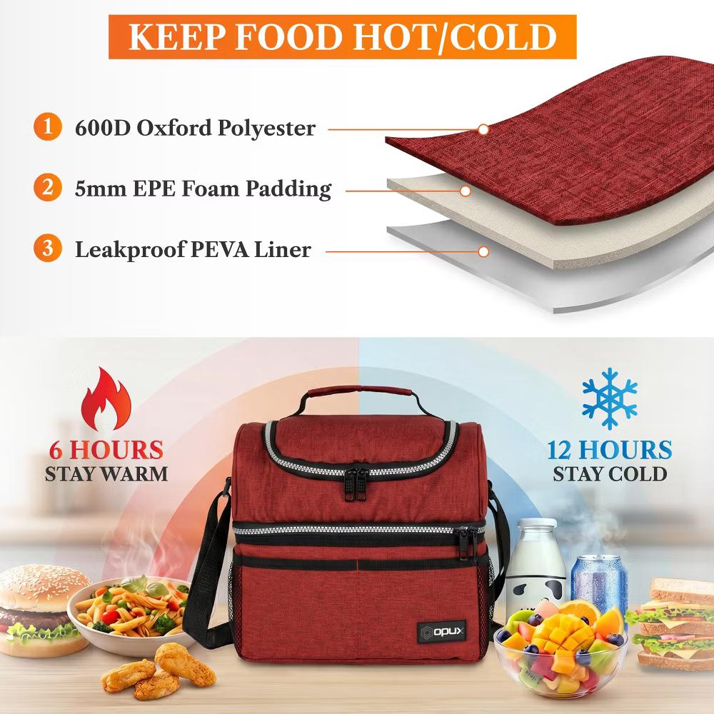 Double Decker Lunch Box Men Women, Insulated Leakproof Cooler Bag Adult Work, Dual Compartment Pail Tote Boys Girls Kids - Image 97