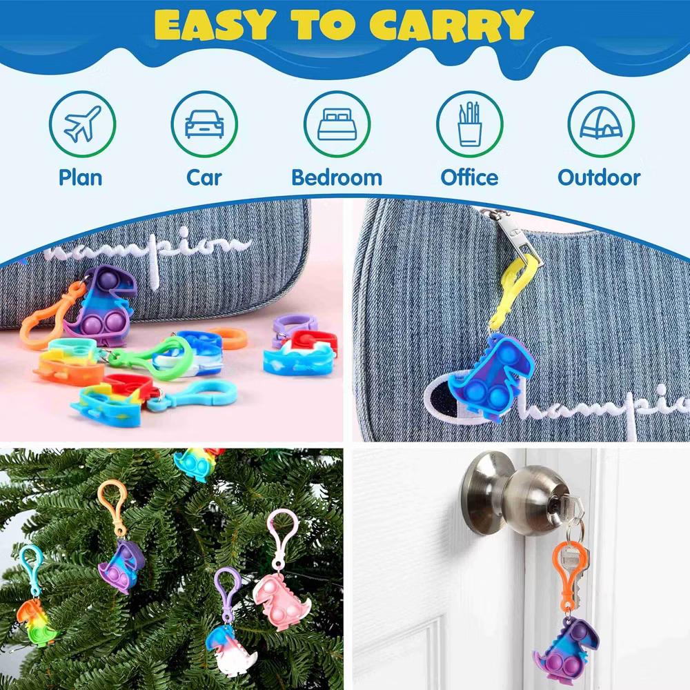 30 Pack Kids Party Favors Dinosaur Pop Fidget Keychain Mini Fidget Toys, Stress Relief Sensory Toy, Classroom Prizes, Bulk Gifts for Christmas - Image 6