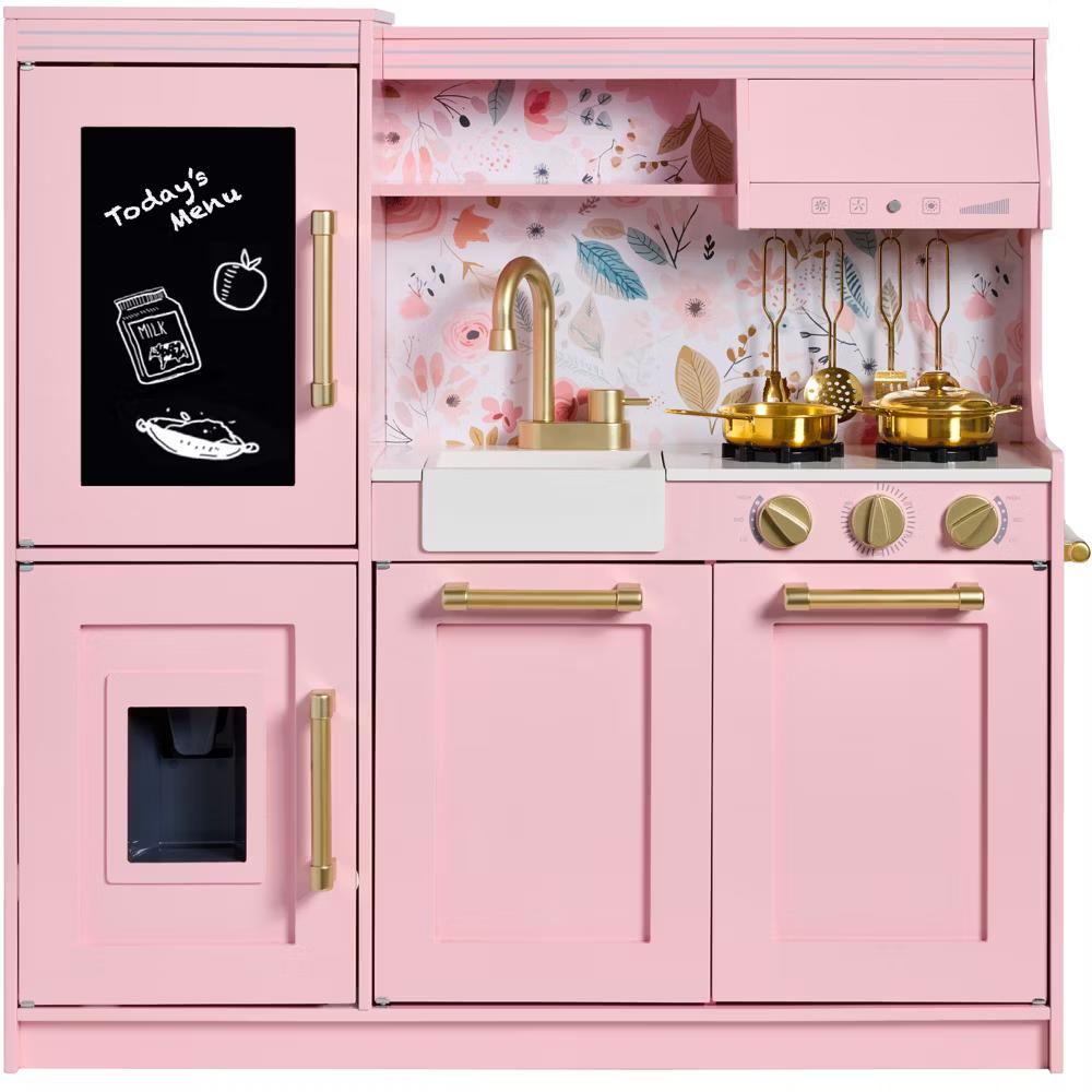 Pretend Play Kitchen with Framed Chalkboard - Pink with Flower Drawing - Image 2