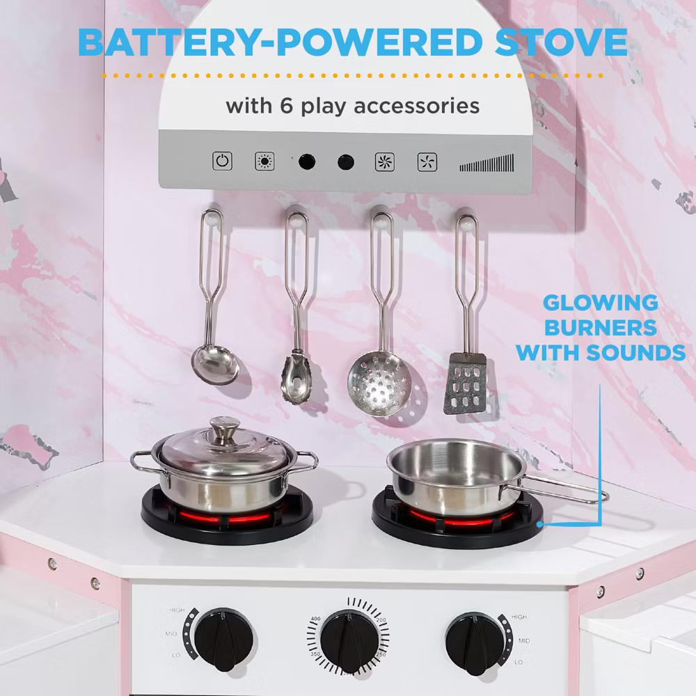 Pretend Play Corner Kitchen, Interactive Wooden Kids Set w/ Lights & Sounds - White - Image 46
