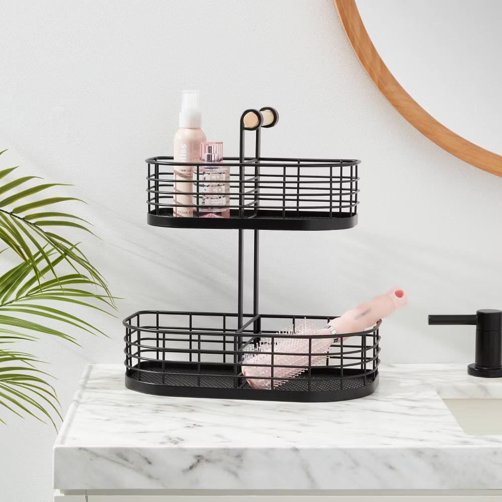 2 Tier Divided Wire Basket with Wood Handle Black - Iron Storage & Organization, Decorative Rectangle - Image 2