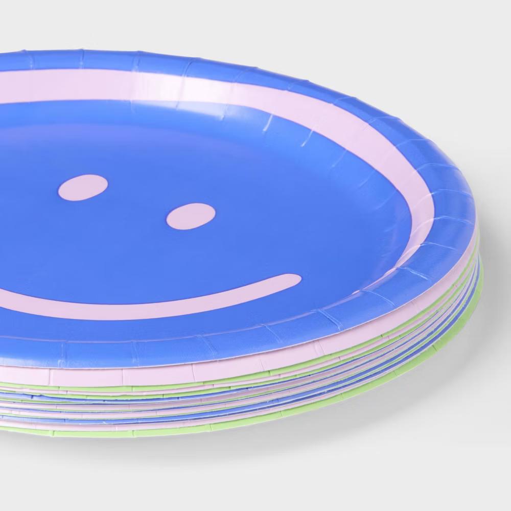 20ct Retro Assorted Smiley Face Snack Plate Pink/Green/Purple - Image 2