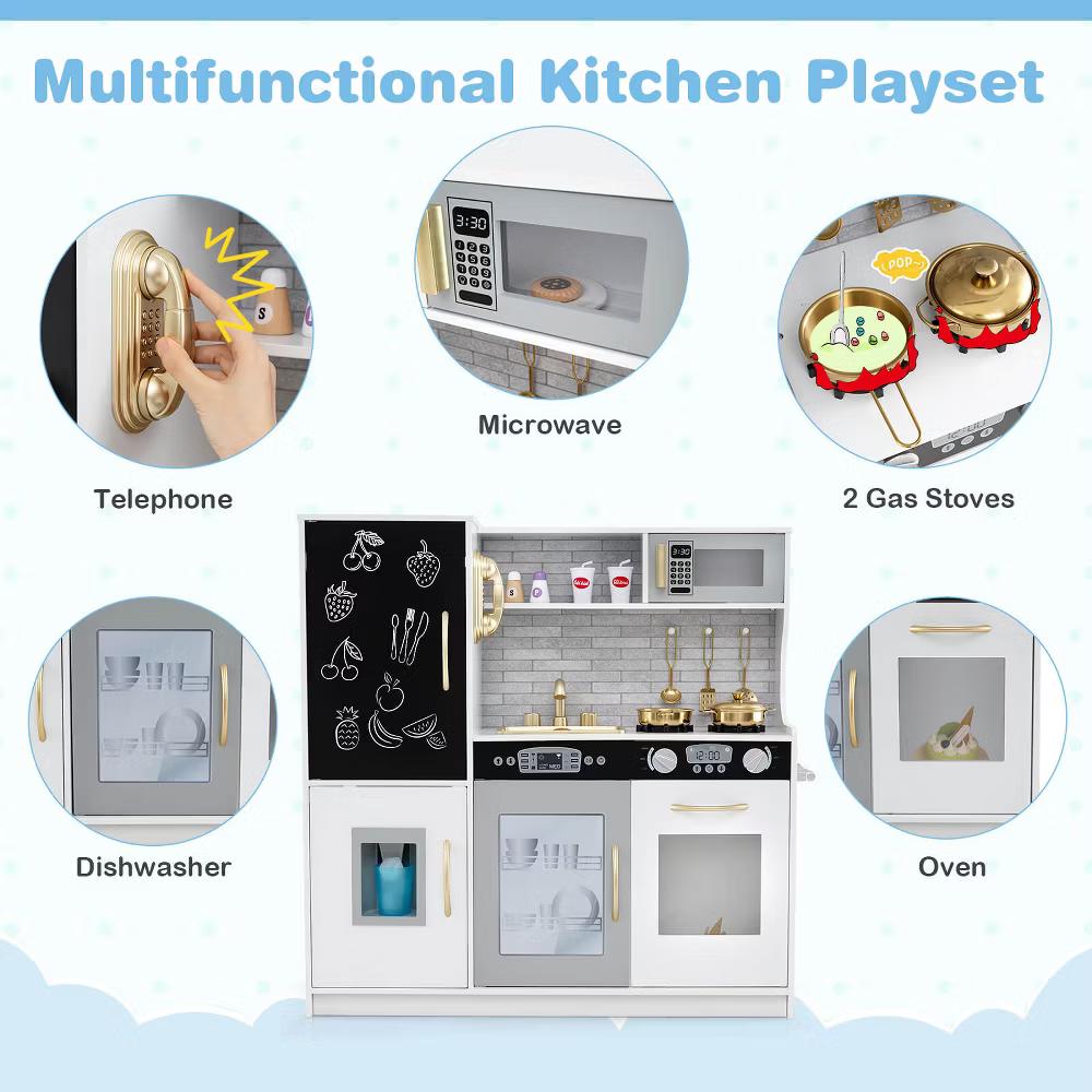 Kid's Pretend Play Kitchen Toddler Kitchen Playset with Blackboard Pink/White/Light Pink/Beige - Image 4