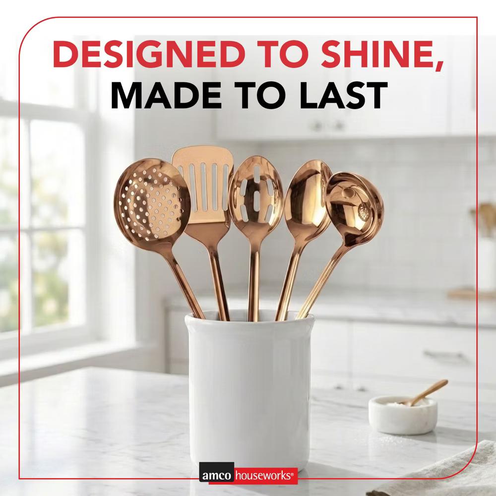 Amco 5-Piece Stainless Steel Cooking Utensil Set, Copper Finish, Includes Kitchen Ladle, Slotted Turner, Skimmer, Solid Spoons, 14" with Hanging Holes - Image 3
