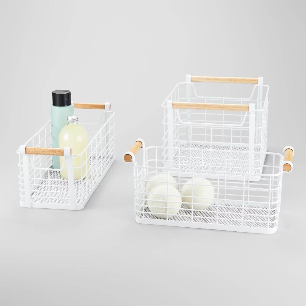 Rectangular Wire Natural Wood Handles Basket - Image 4