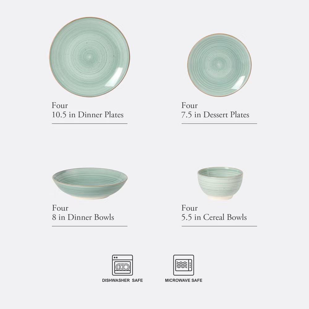 Stonebury 16 Piece Plates and Bowls Assorted Color Dishes - Handpainted Stoneware Dinnerware Set - Service for 4 - Image 15