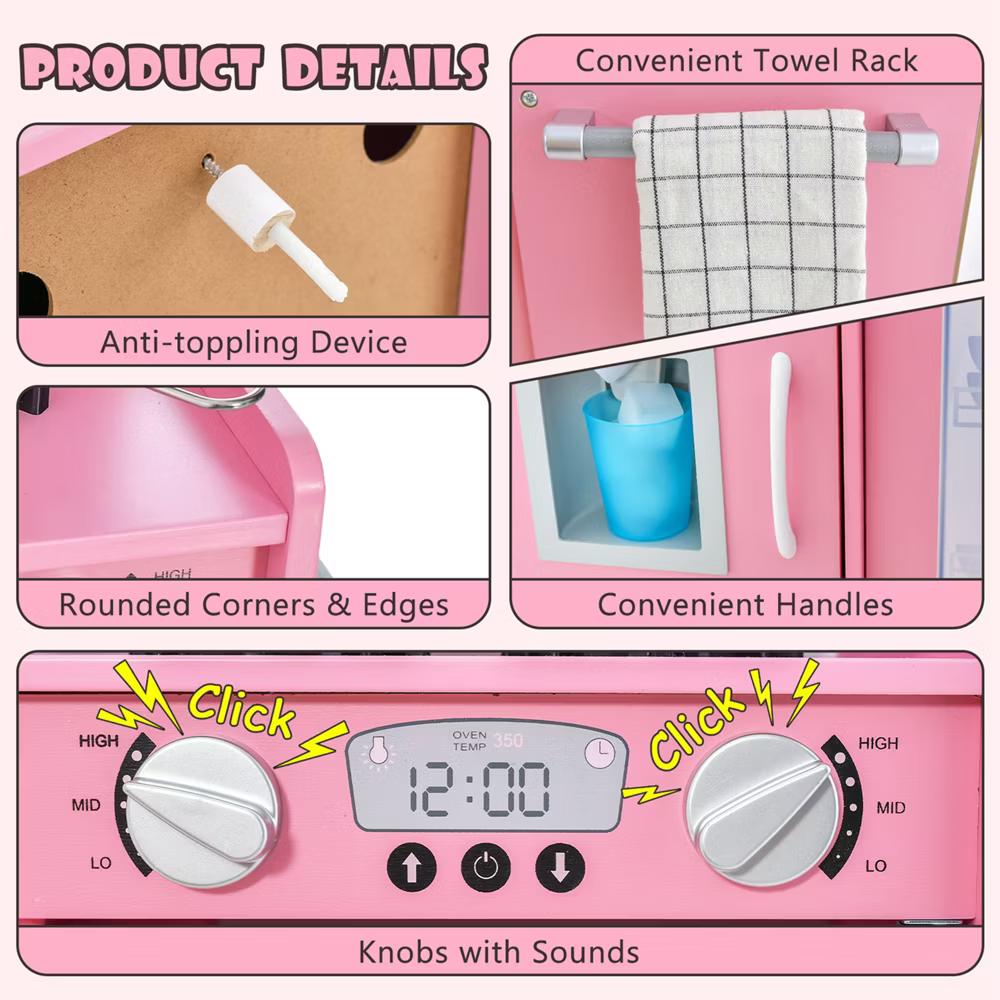Kid's Pretend Play Kitchen Toddler Kitchen Playset with Blackboard Pink/White/Light Pink/Beige - Image 64