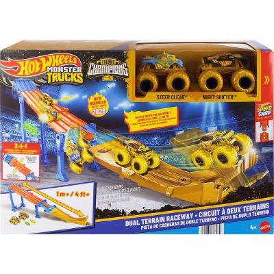 Monster Trucks Dual Terrain Raceway, 4 Feet Long with 2 Toy Trucks & 2 Crushed Cars Toy Vehicle Playsets - Image 5
