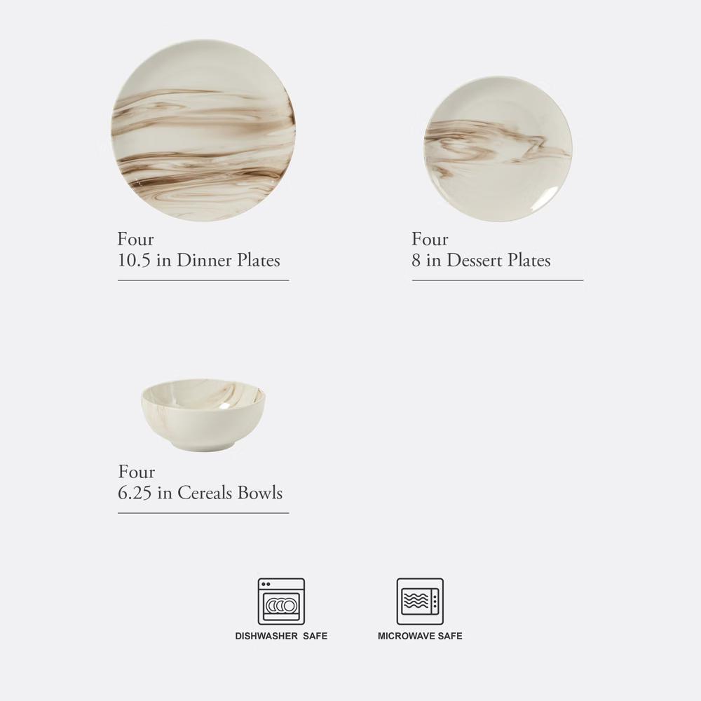 Cloudlight 12 Piece Plates and Bowls Dishes Brown and White - Decorated Porcelain Ceramic Dinnerware Set - Service for 4 - Image 6