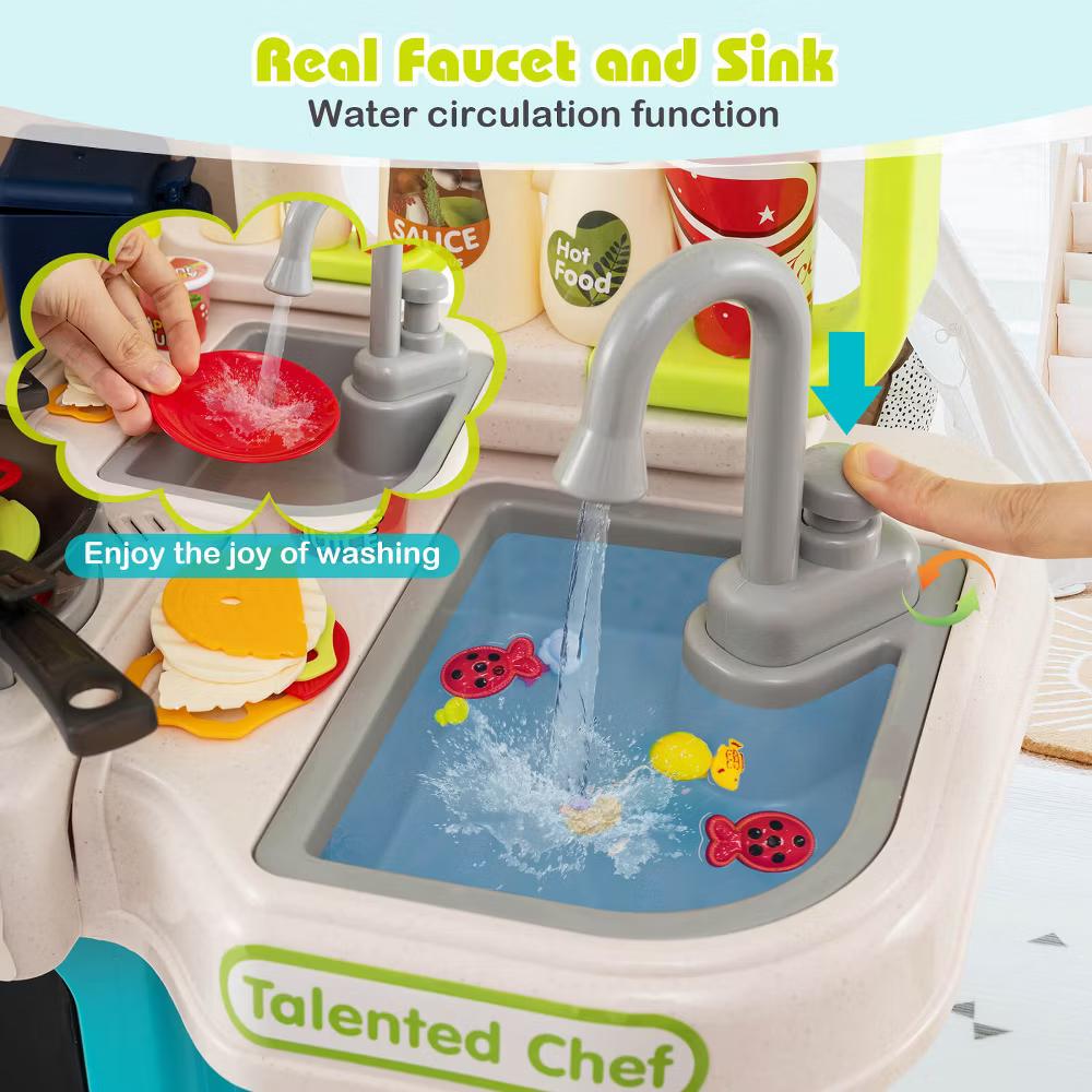 Kids Kitchen Playset with Realistic Sounds Lights Play Sink 95 PCS Accessories Blue/Pink - Image 6
