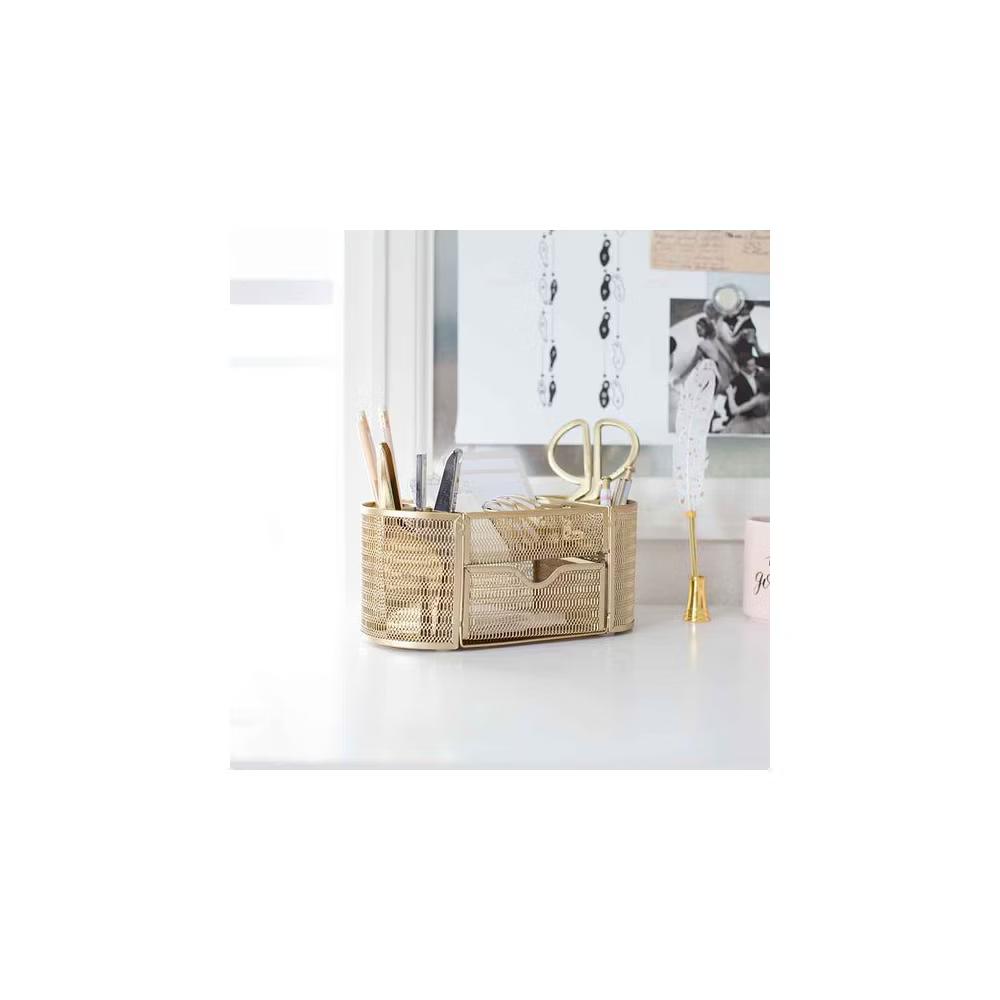 Blu Monaco Small Metal Mesh Desk Organizer with Drawer - Available in Aqua, Gold, and Pink - Image 15