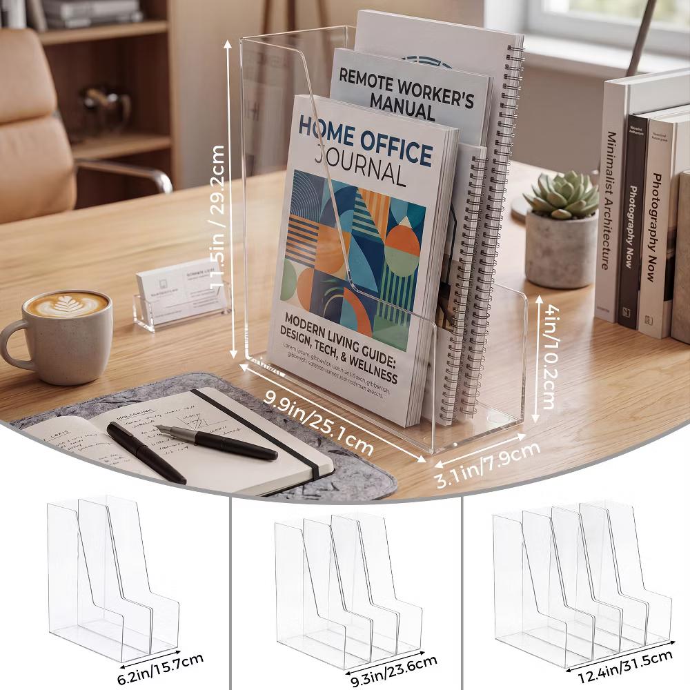 4 Slot Clear Acrylic File Organizer, Vertical Plastic Magazine Holder Desk File Sorter, Multi Compartment Document Folder Rack for Office Home - Image 6