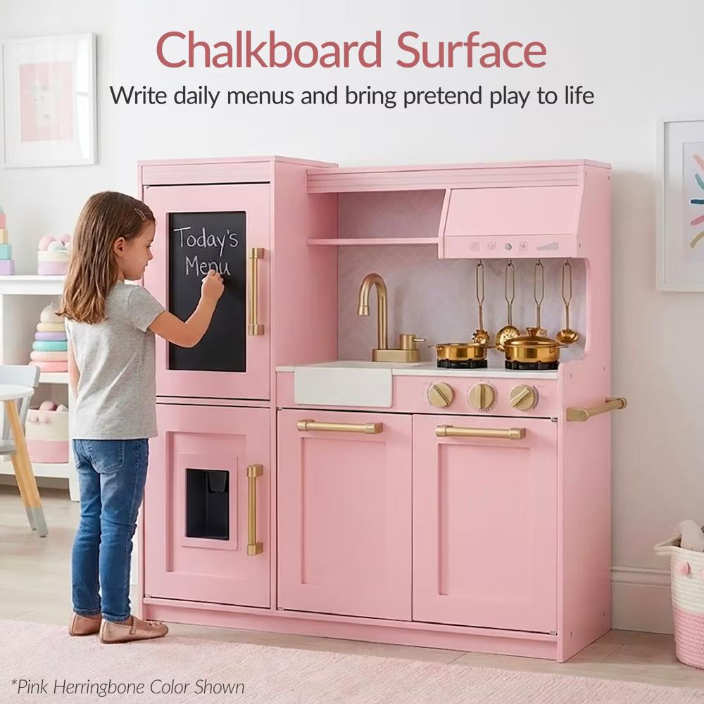 Pretend Play Kitchen with Framed Chalkboard - Pink with Flower Drawing - Image 16
