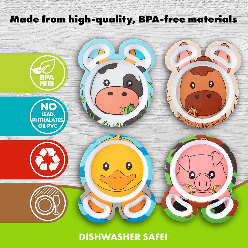 Bentology Farm Friends Mealtime Feeding Plates - Set of 4 Unique Cute Zoo Animal Pal Dishes for Kids - Compartments for Easy Grabbing, Dishwasher Safe - Image 4
