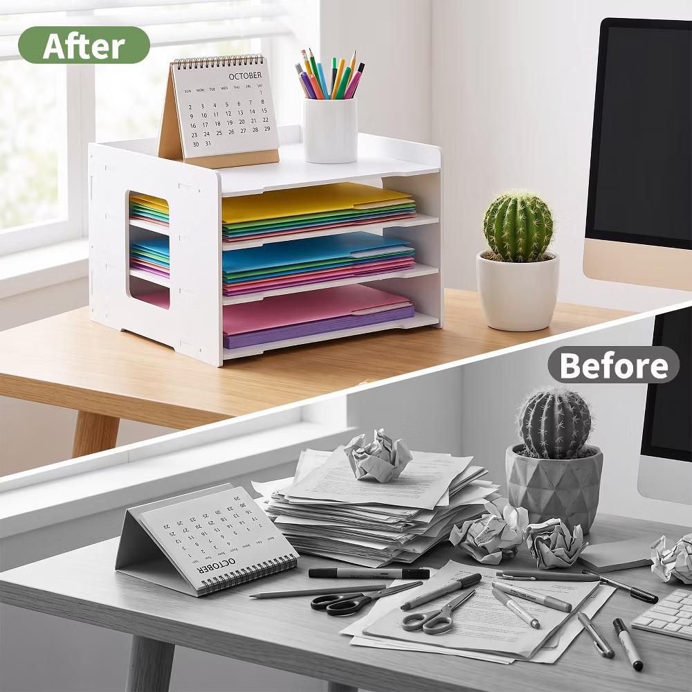 Multi-Layer Desktop File Organizer, Adjustable A4 Paper Storage Rack, Waterproof PVC Wood Plastic Board, Office Desk Folder Holder - Image 5