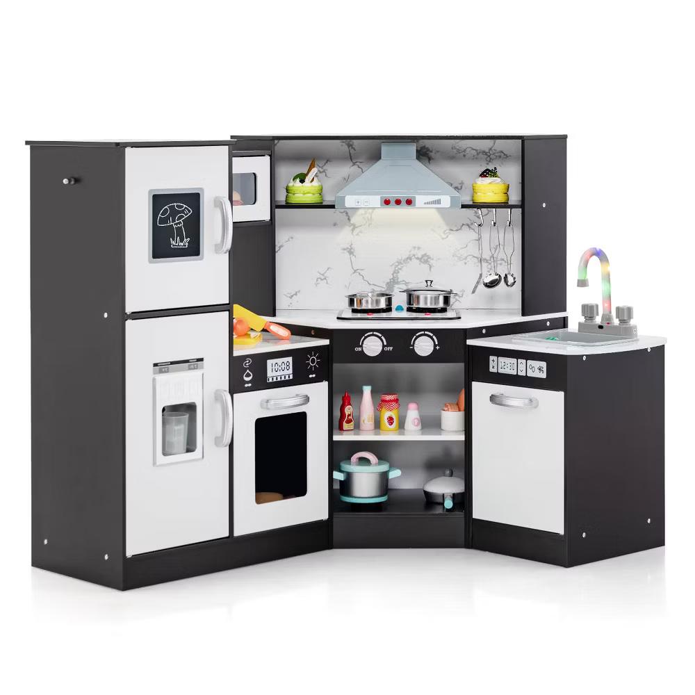 Kids Corner Kitchen Playset Wooden Pretend Play Toy with Microwave WhiteCoffee