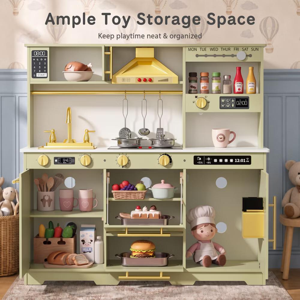 Wooden Play Kitchen for Kids with Running Water Sink, Interactive Stove, Ice Maker, Microwave, Oven & Dishwasher, Ages 3+ - Image 39