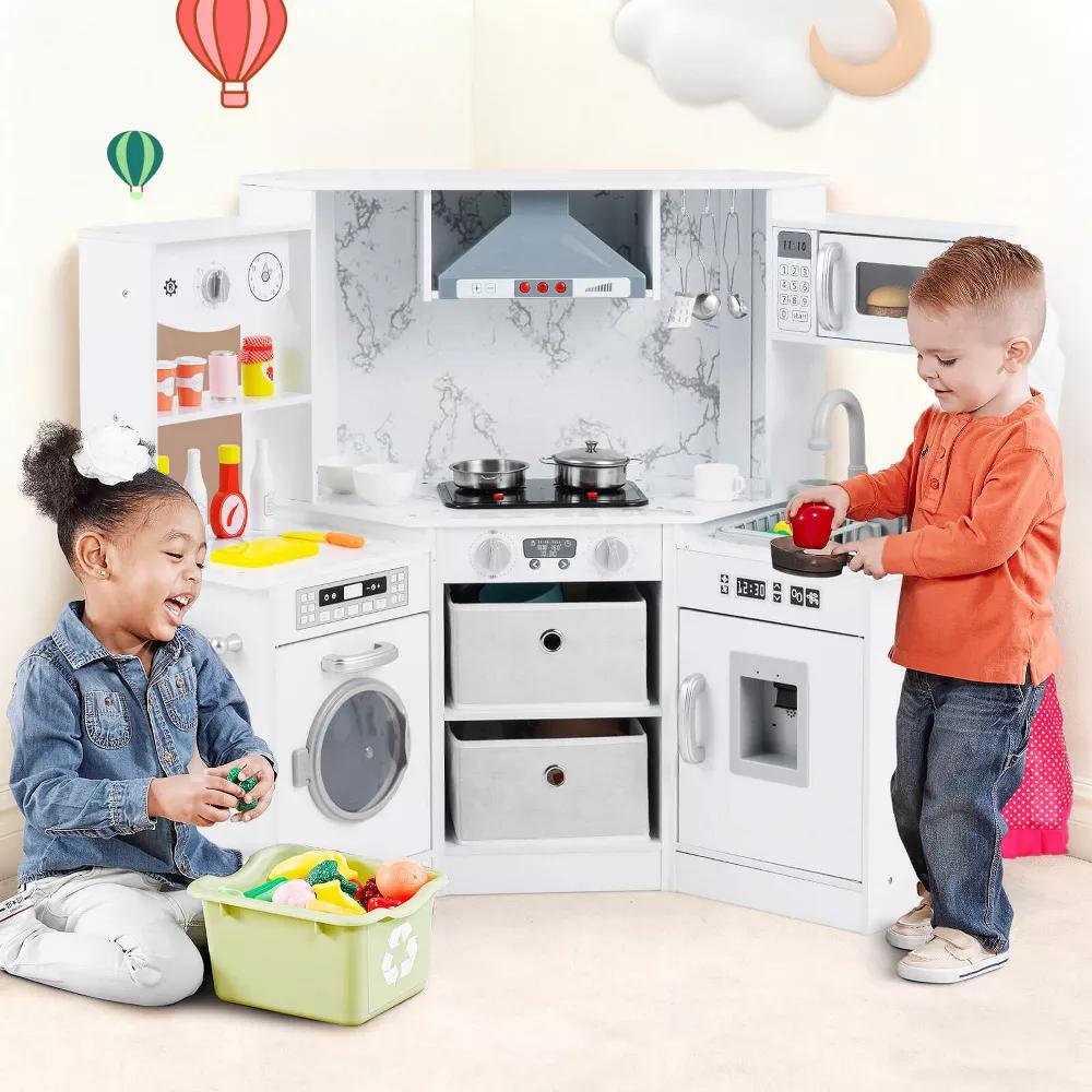 Wooden Kids Play Corner Kitchen with Realistic Lights & Sounds Lighted Range Hood Brown/Grey - Image 31