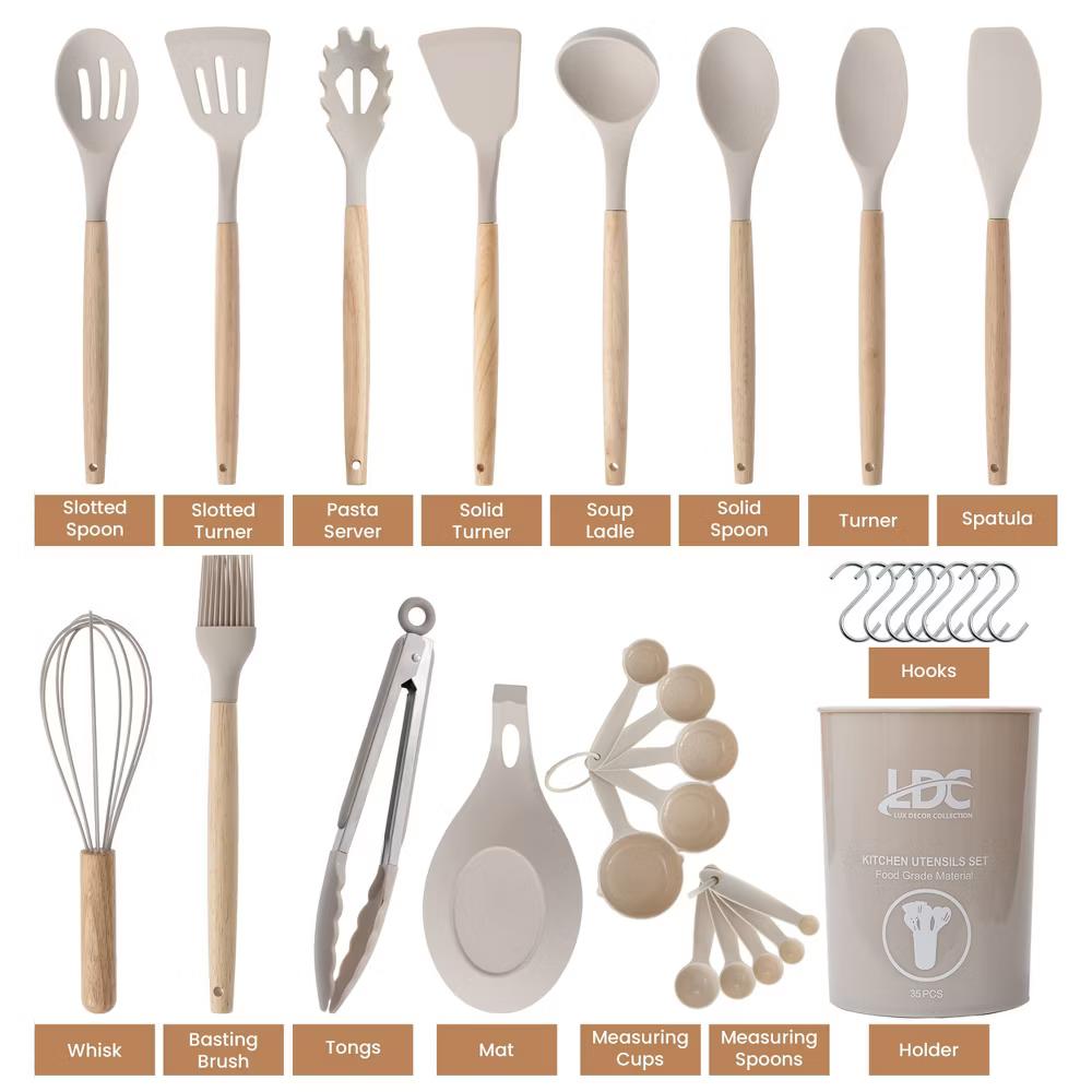 Lux Decor Cooking Utensil Set 35 Piece Silicone and Wood Kitchen Utensil Set with Holder Non Stick Kitchen Gadgets & Tools - Image 12