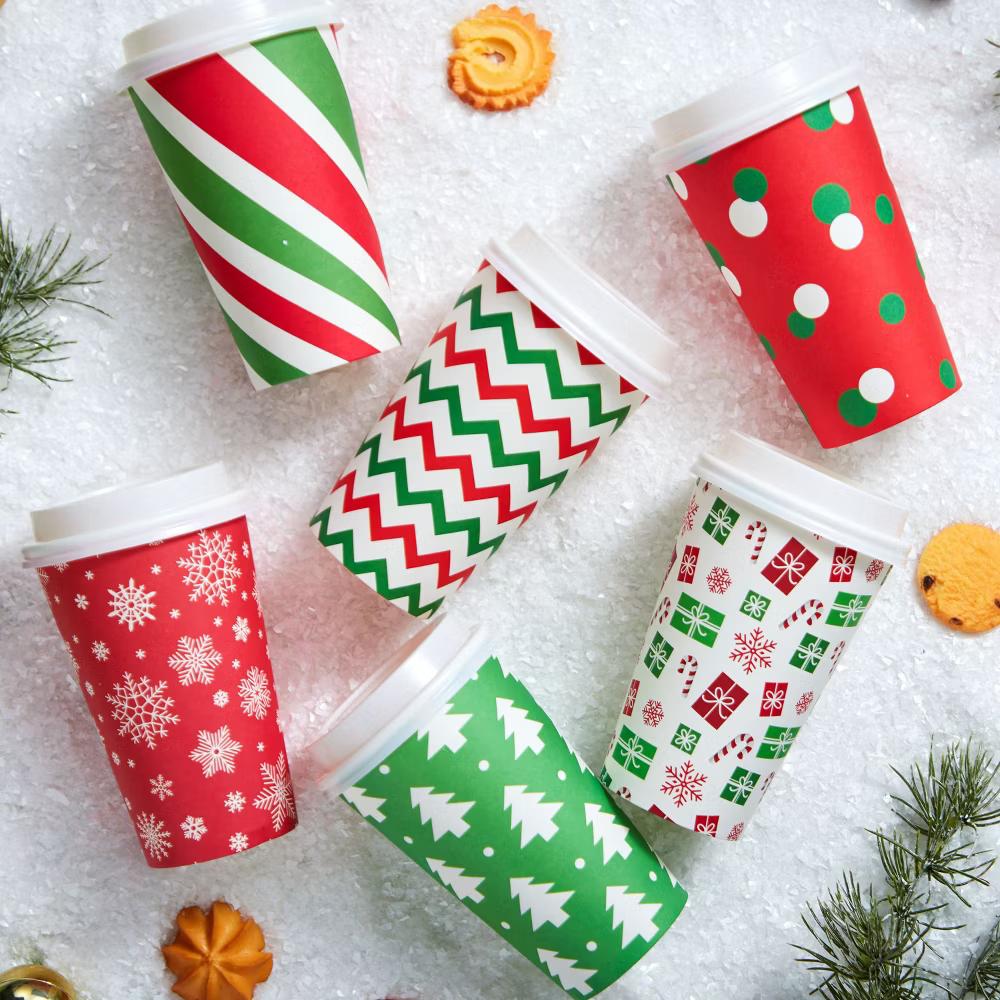 72-Pcs Christmas Disposable Cups – 16 oz Holiday Drinkware with Lids & Sleeves (4 Festive Designs) - Image 8