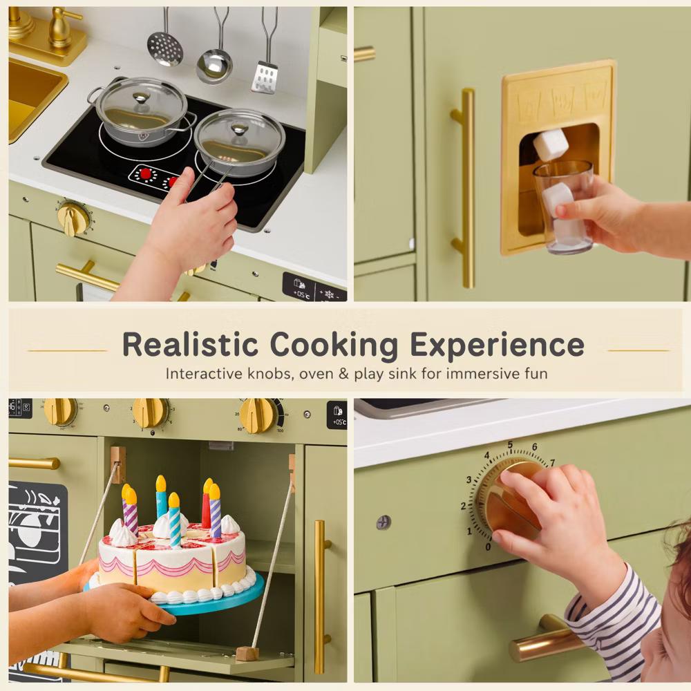 Wooden Play Kitchen for Kids with Running Water Sink, Interactive Stove, Ice Maker, Microwave, Oven & Dishwasher, Ages 3+ - Image 42