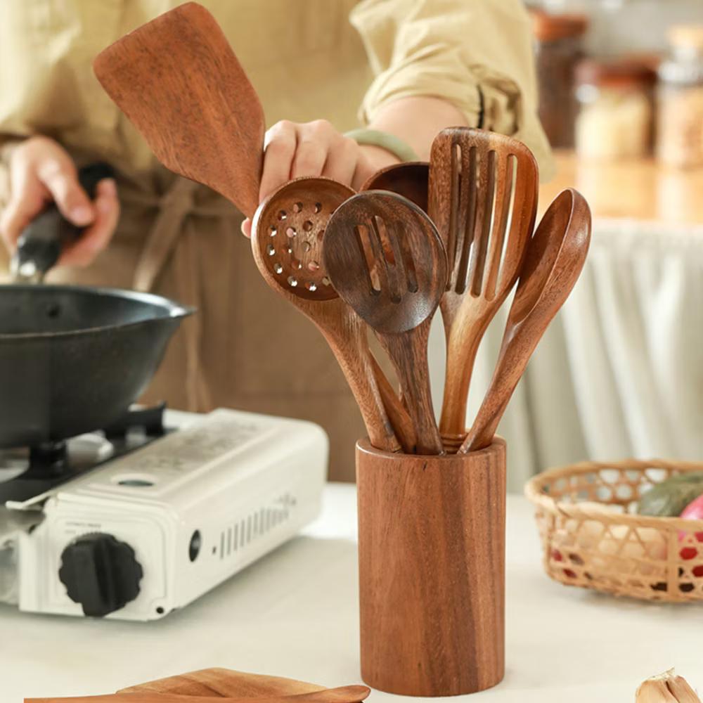 9 Piece Deluxe Wooden Utensils Set with Holder and Spoon Rest - Image 8