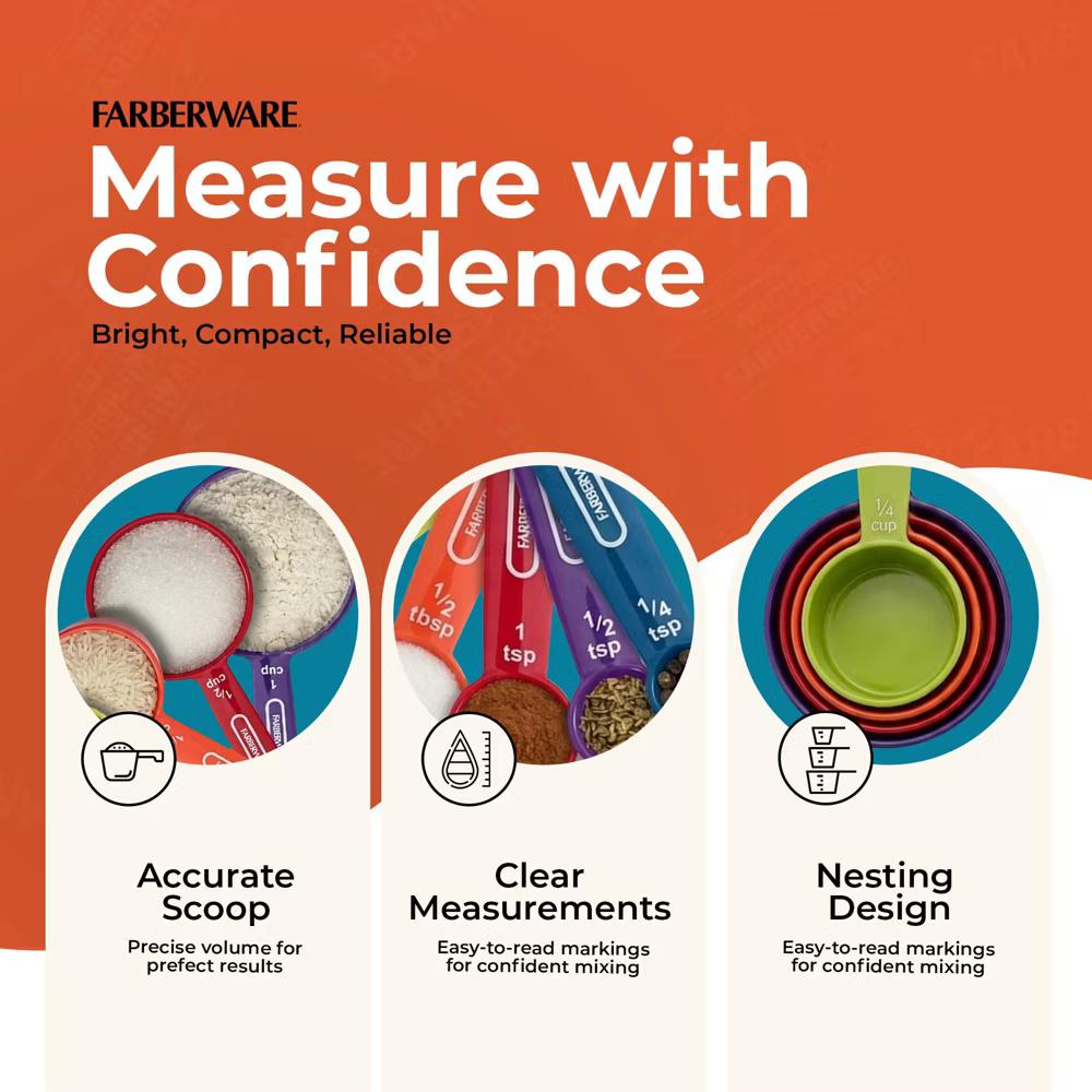 Farberware Kitchen Basics Measuring Cup & Spoon Set, 9-Piece Colorful Nesting Design with Easy-to-Read Markings - Dishwasher Safe, Plastic - Image 4