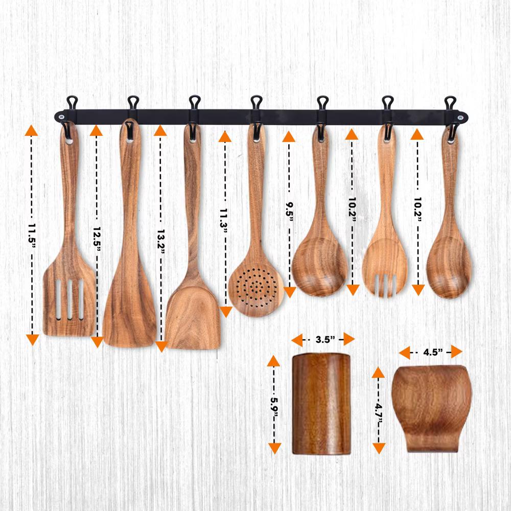 9 Piece Deluxe Wooden Utensils Set with Holder and Spoon Rest - Image 9