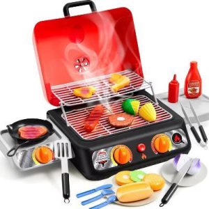 Kids Toy BBQ Grill Playset with Color-Changing Food, Light & Sound, Realistic Smoke, Outdoor Kitchen Toys for Kids Boys Girls Age 3+ Birthday Gift