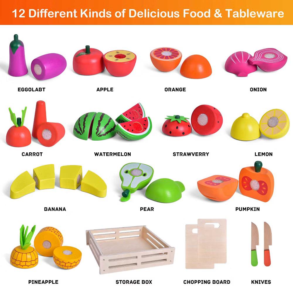 35Pcs Wooden Cutting Food Play Set with Storage Crate, Pretend Fruit & Veggie Toys, Play Kitchen Accessories for Kids - Image 2