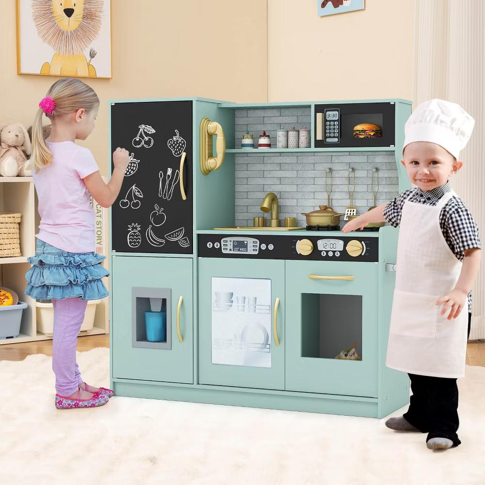 Kid's Pretend Play Kitchen Toddler Kitchen Playset with Blackboard Pink/White/Light Pink/Beige - Image 35