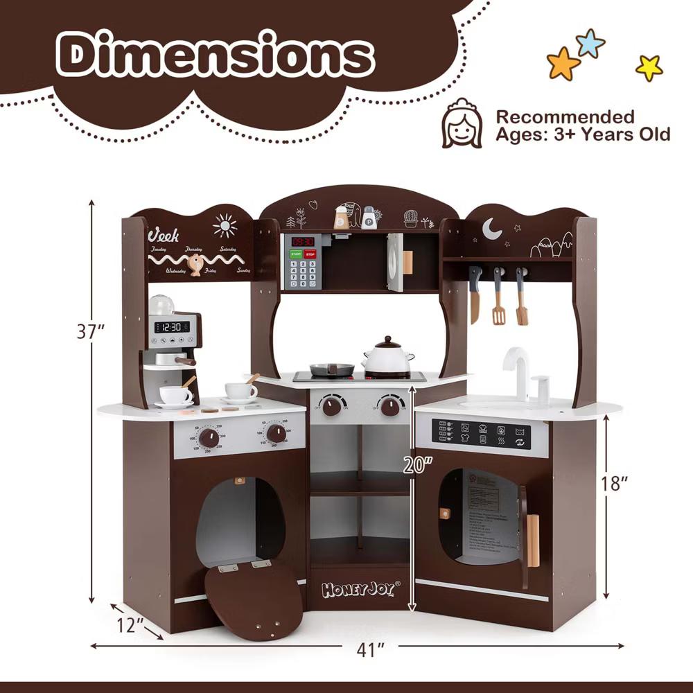 Corner Kitchen Playset with Coffee Machine Oven Microwave Washing Machine White/Brown/Pink - Image 7