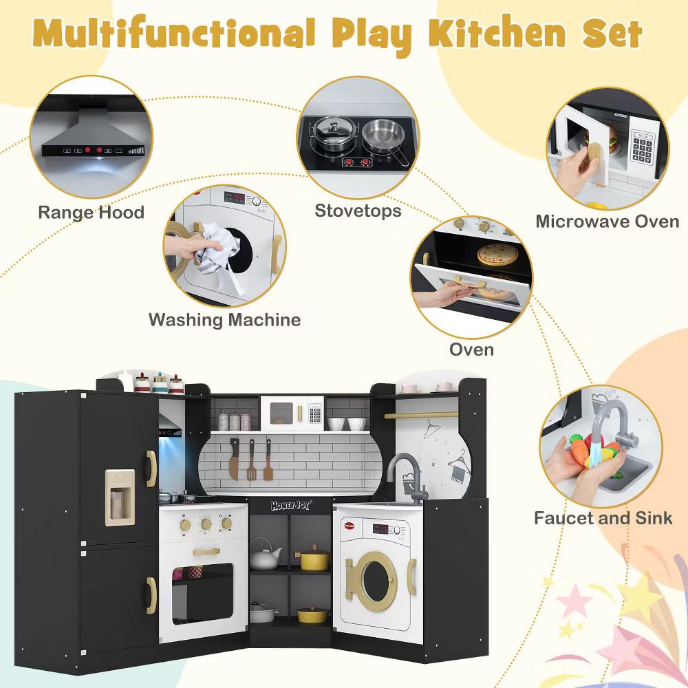Corner Play Kitchen Toddler Kitchen Playset with Range Hood, Ice Maker, Microwave White/Pink - Image 2
