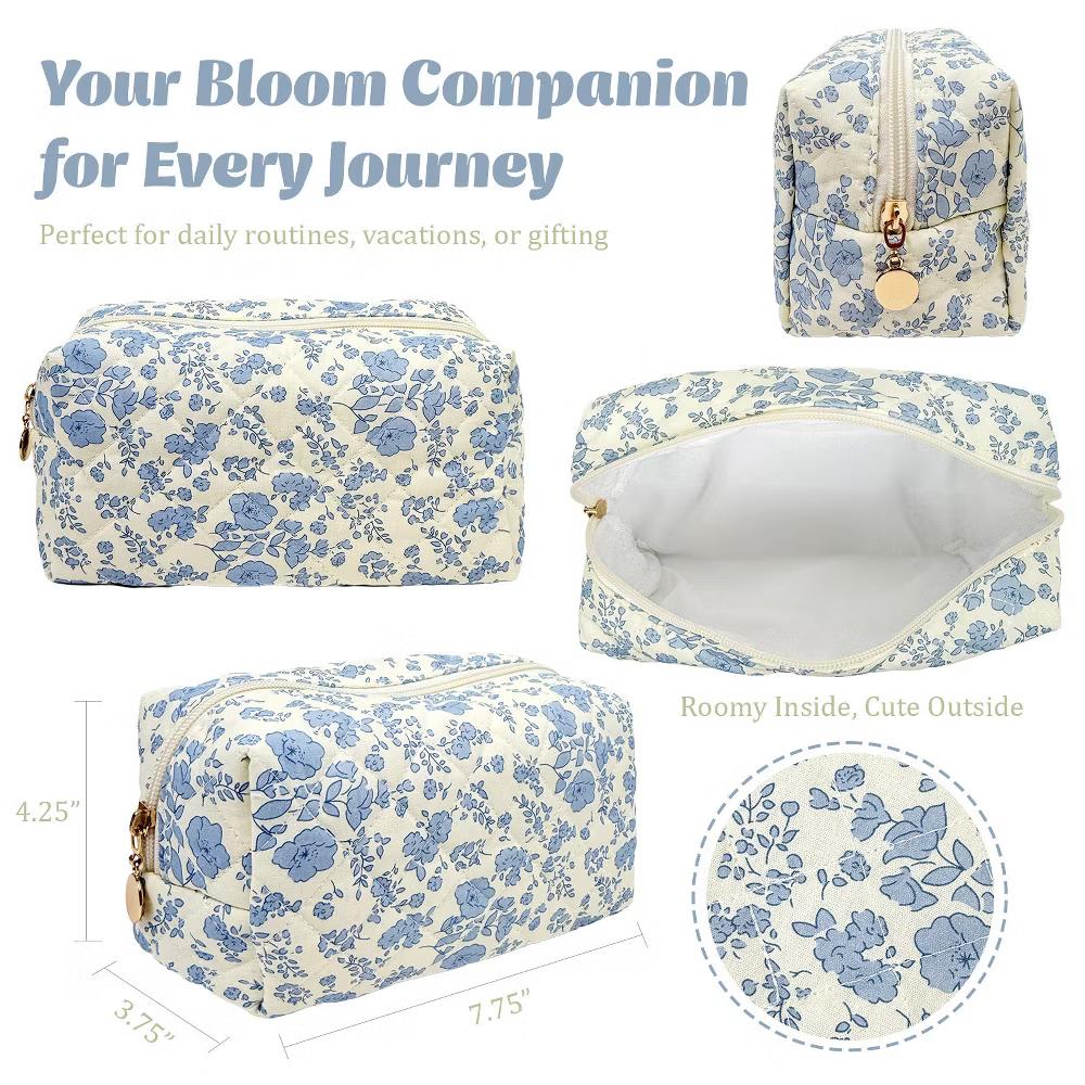 Floral Quilted Makeup Bag, Cosmetic Toiletry Travel Bag, Pencil Pouch - Image 9