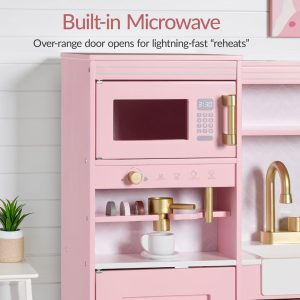 Wooden Toddler Kitchen Playset with Espresso Machine, Toy Storage and 17 Accessories - Pink