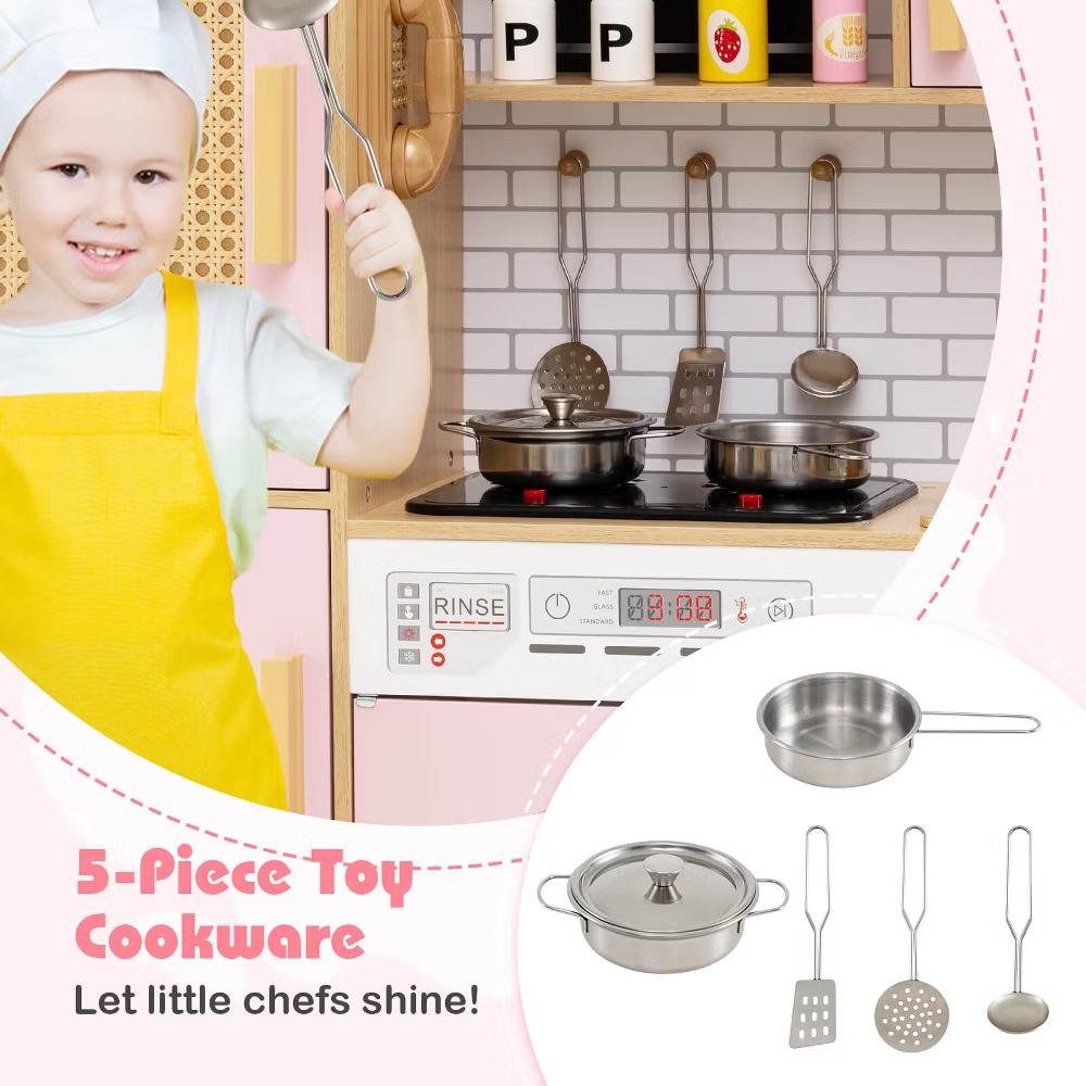 Wooden Kids Kitchen Playset Pretend Play Kitchen with Real Sounds Lights Pink/Yellow - Image 2