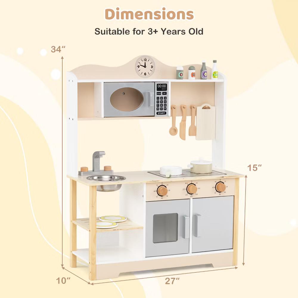 Wooden Play Kitchen for Kids Cooking Toy Playset w/ Microwave Stove Dish Rack - Image 3
