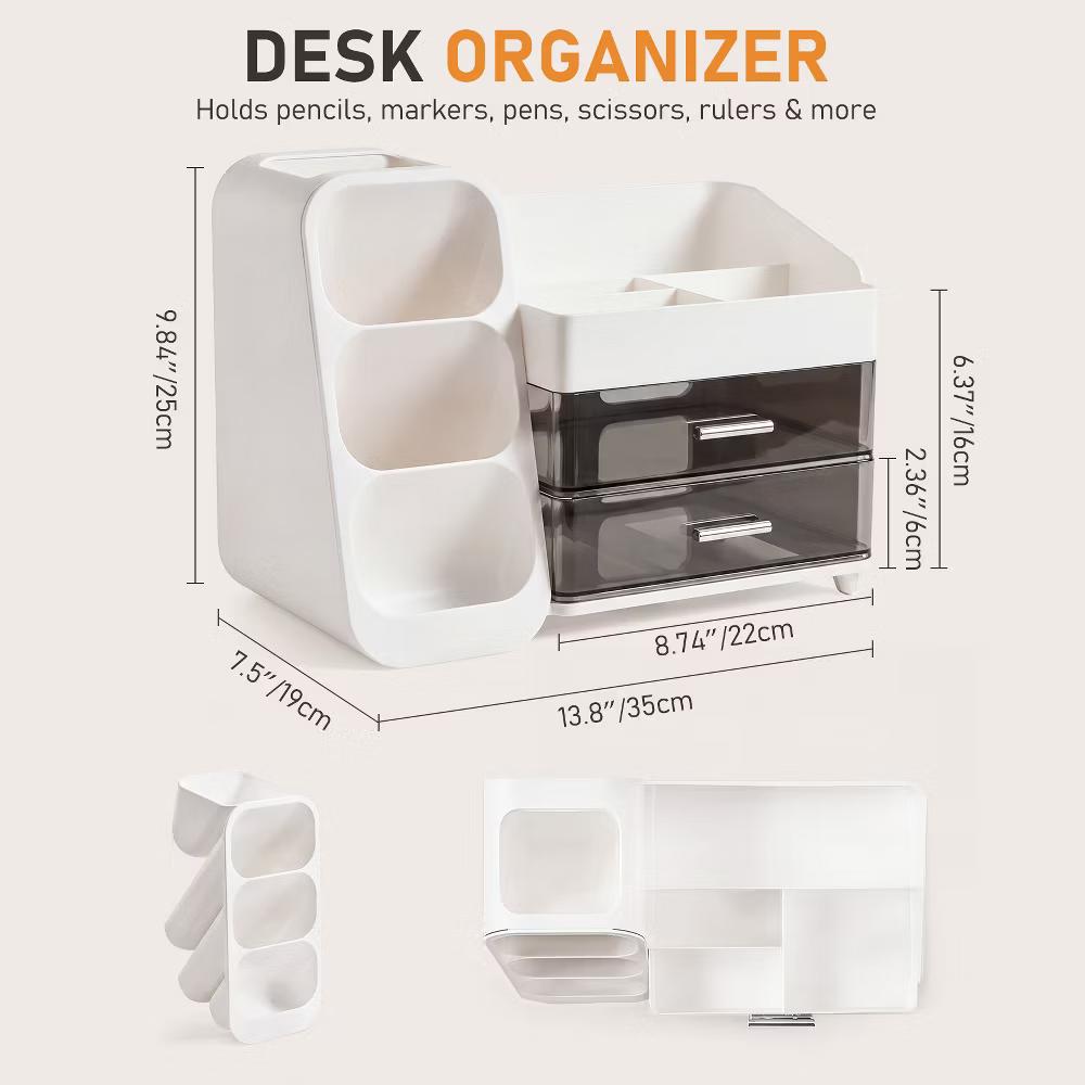 Desktop Organizer with Pen Holder, Multi-Grid Stationary Storage Caddy with 2 Clear Drawers for Office Supplies & Makeup - Image 10