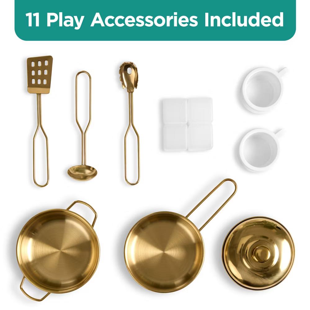 Wooden Cottage Kids Pretend Play Kitchen with 11 Accessories, Espresso Machine - Pink - Image 11