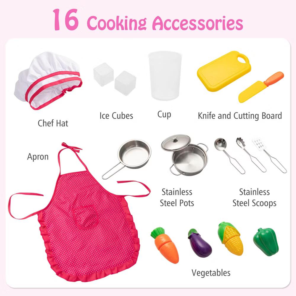Kids Pretend Kitchen Play Set Toddler Toy Wooden Chef Height Adjustable with Sounds - Image 7