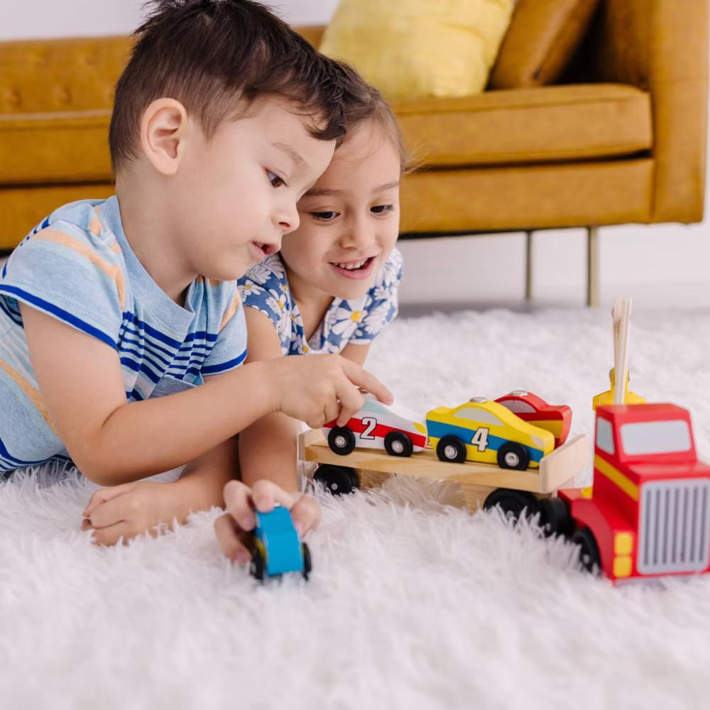 Magnetic Car Loader Wooden Toy Set With 4 Cars and 1 Semi-Trailer Truck - Image 5