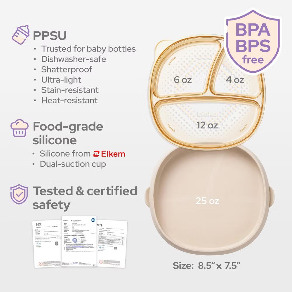 4 PCS Toddler Plates with Suction Base Spoons & Fork Baby Divided Dishes for 0 1 2 3 Years Old PPSU & Food Grade Silicone BPA Free Oat Milk - Image 4