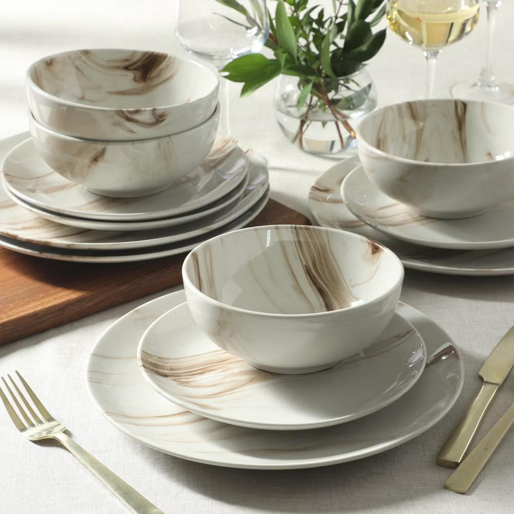 Cloudlight 12 Piece Plates and Bowls Dishes Brown and White - Decorated Porcelain Ceramic Dinnerware Set - Service for 4 - Image 7