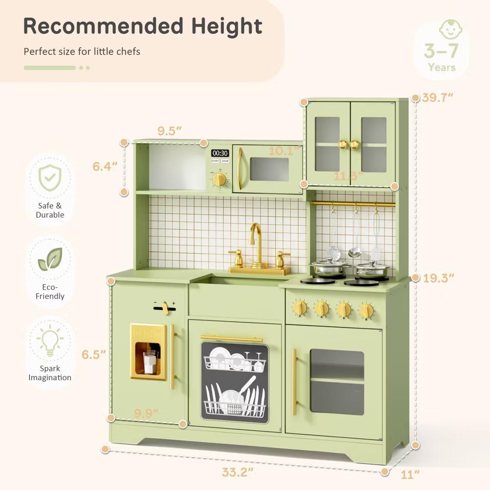 Wooden Play Kitchen with Running Water Sink, Clicking Stove Knobs, Microwave, Oven, Ice Maker & Storage, Ages 3+ - Image 23