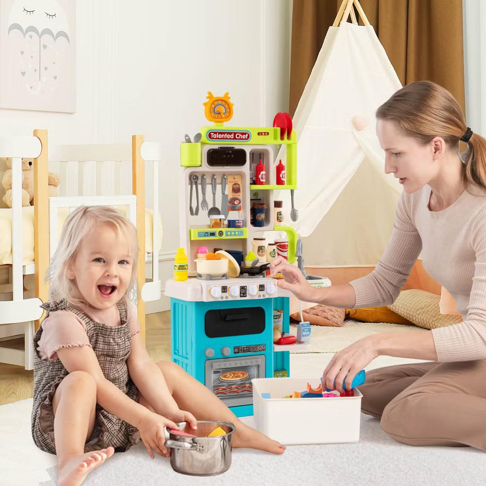 Kids Kitchen Playset with Realistic Sounds Lights Play Sink 95 PCS Accessories Blue/Pink - Image 5