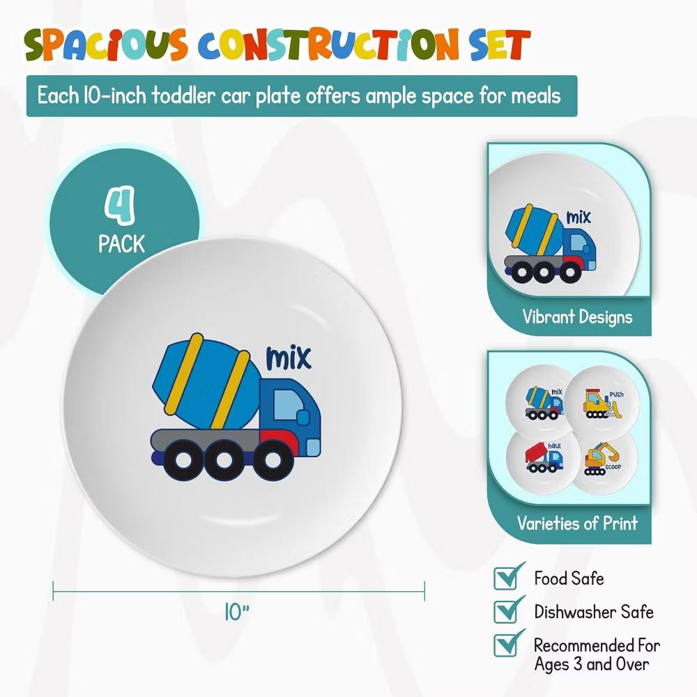 4E’s Novelty Construction Kids Plate Set – 4-Pack Melamine Toddler Plates - Image 5