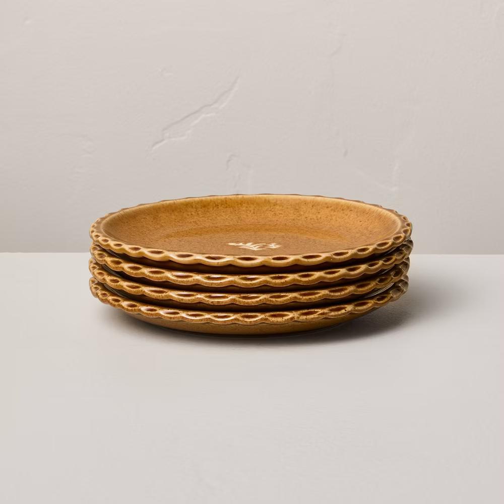 Set of 4 6.5" Pinched Edge Stoneware Appetizer Plates Gold - with Magnolia - Image 2